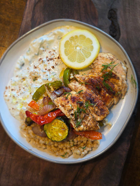 Shawarma-Spiced Chicken with Couscous, Za’atar Veggies &Sumac Tzatziki
