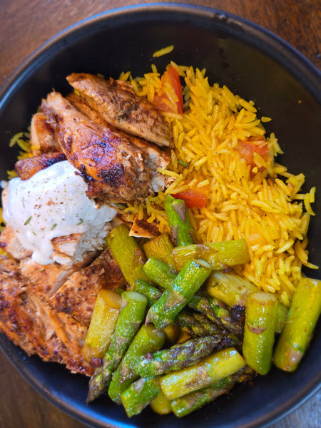 🍋 Spiced Lemon Chicken with Tomato-Butter Rice & Charred Asparagus